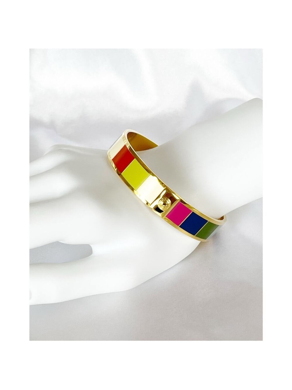 Coach Legacy Gold-Tone Multicolor Enamel Bangle — Red, Yellow, Pink, Blue, Green